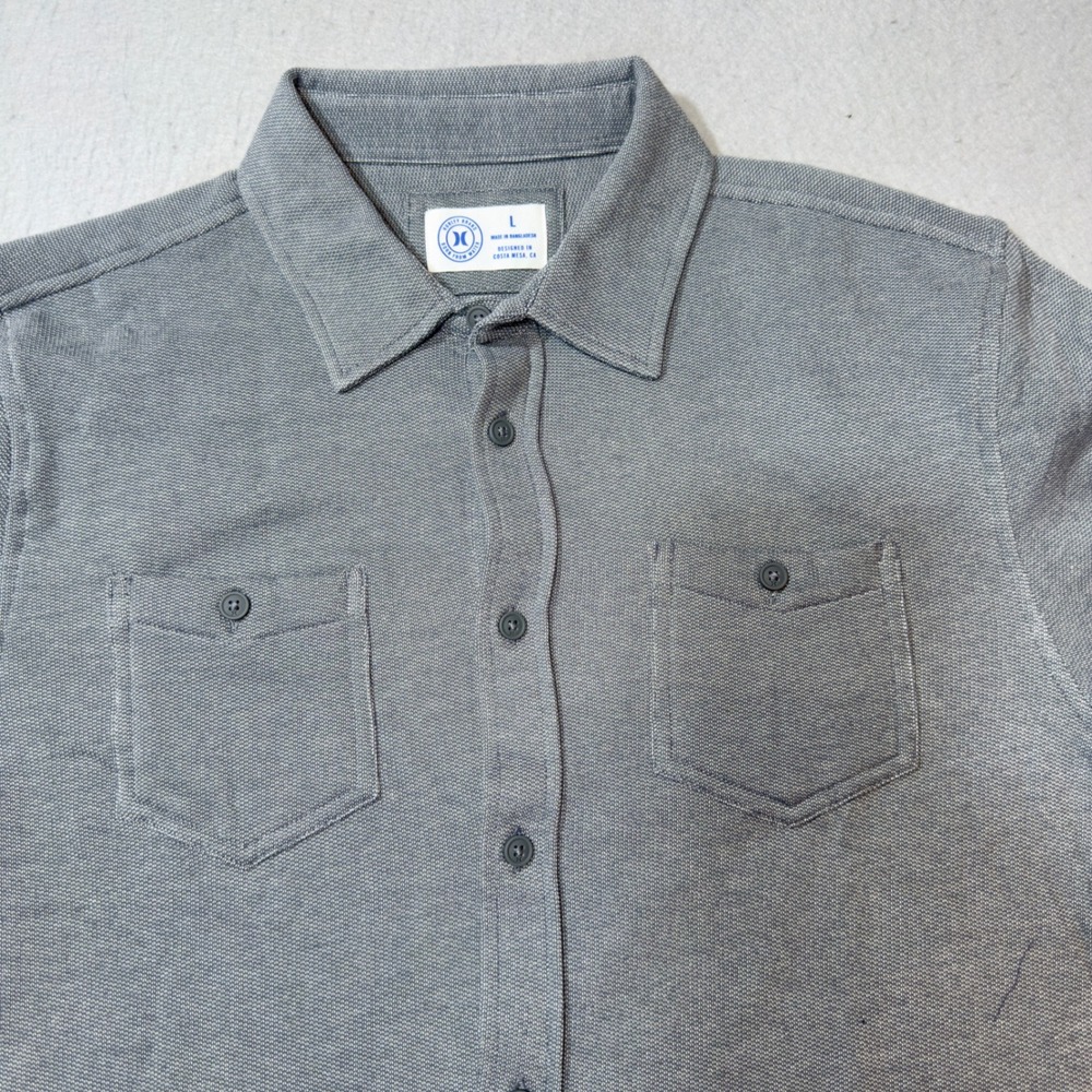 Hurley Button Down Shirt Mens L Ion Grey New Blue Skies LS Textured Pocket